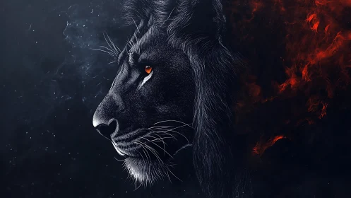 Side profile of dark lion with red abstract background.