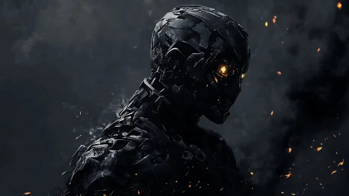 Charred cybernetic warrior turns in embers and shadowed smoke.