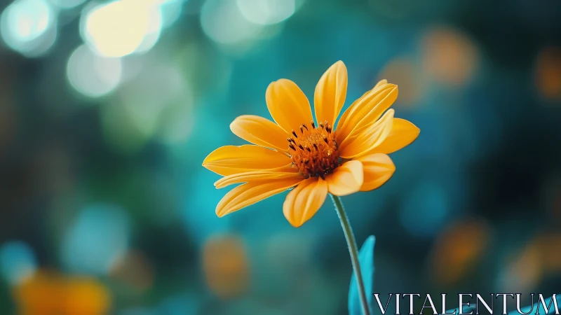 Yellow Gerbera Daisy with Shallow Depth of Field Against Teal Bokeh Background