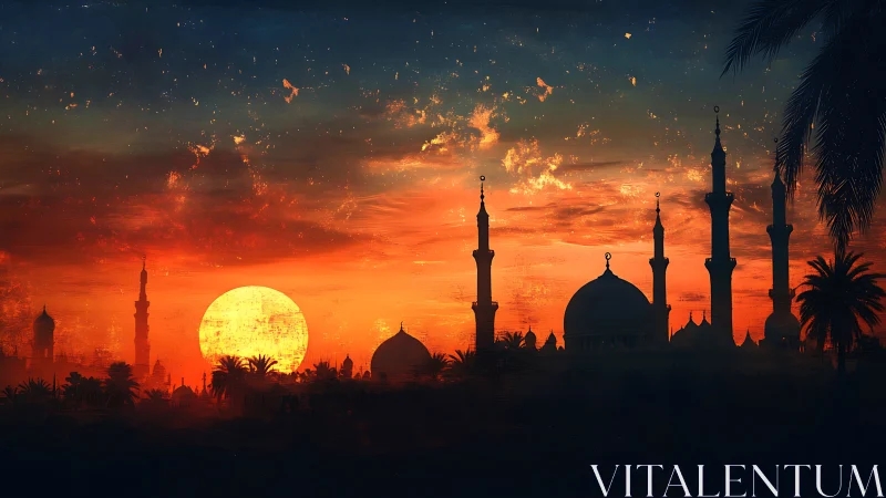 Burnished desert skyline bathing minarets in molten dusk.