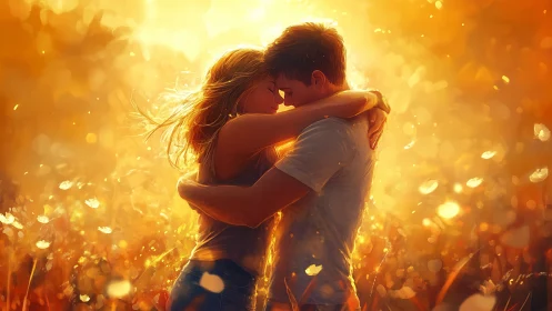 Golden-hour romantic embrace with luminous bokeh particles.