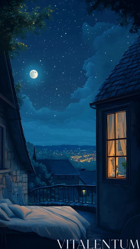 Moonlit balcony bed listens quietly to the distant town glow