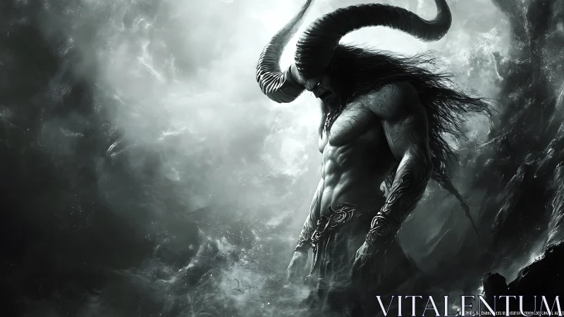 Horned demon warlord emerges through storming monochrome void.
