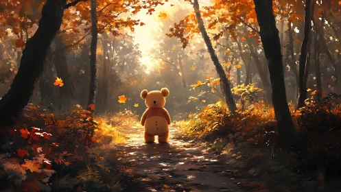 Teddy bear wanders sunlit autumn forest path alone.
