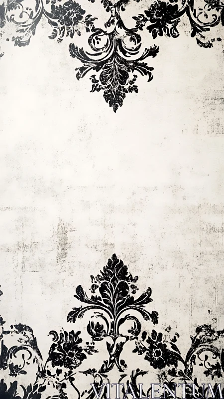 Distressed baroque floral damask motif on aged ivory wall