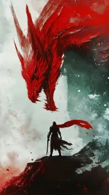Crimson dragon descends toward a lone warrior on jagged cliff