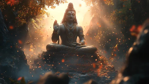 Divine stone deity amid volumetric light and ember petals.