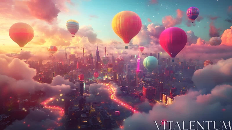 Surreal neon city skyline with floating hot air balloons.