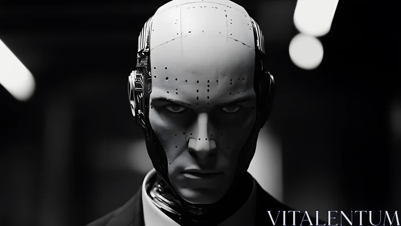 Monochrome humanoid android portrait with rigid synthetic facial plate