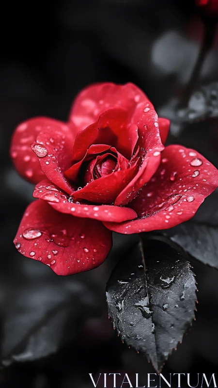 Red Rose with Water Droplets on Dark Background.