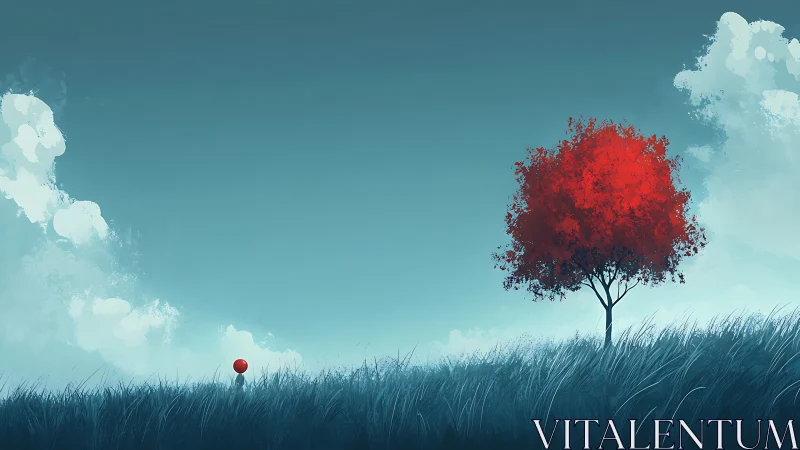 Quiet hillside daydream with a red tree and soft balloon.
