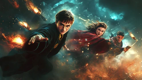 Stormlit young wizards soar through a blazing sky of spells.