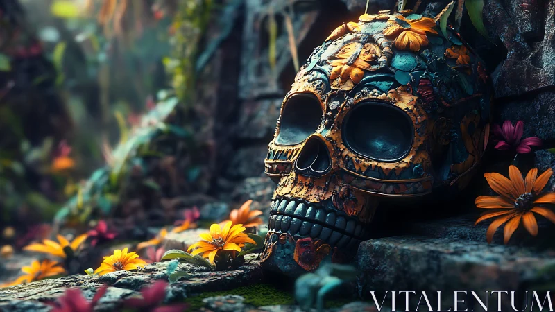 Floral-encrusted ossuary skull amid mossed ruin stones.