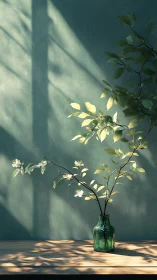 Photorealistic still life of flowering branch in glass vase.