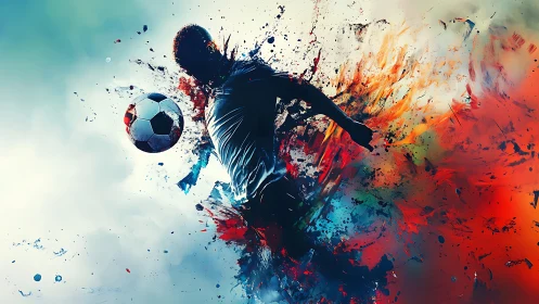 Dynamic soccer striker in explosive abstract color motion.