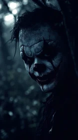 Sinister clown emerges from shadowy forest gloom