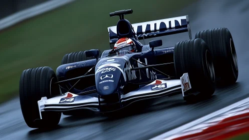 Formula 1 car powers through wet racing circuit apex