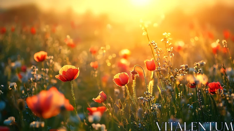 Red Poppies Bathed in Golden Sunrise Light.