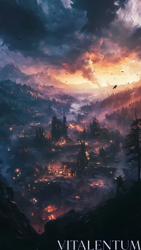 Gothic fortress consumed by apocalyptic fire and brimstone.