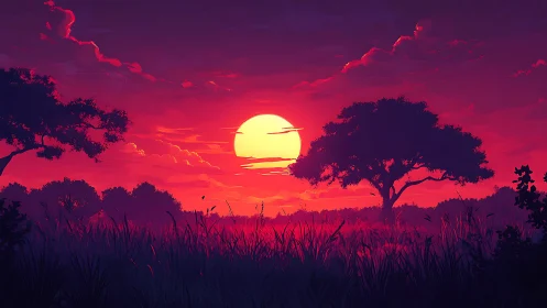 Vivid red sunset over silhouetted trees and tall grass.