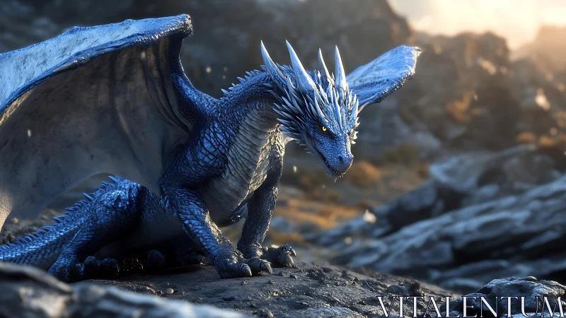 Regal blue dragon rests on rocky ridge at sunrise.