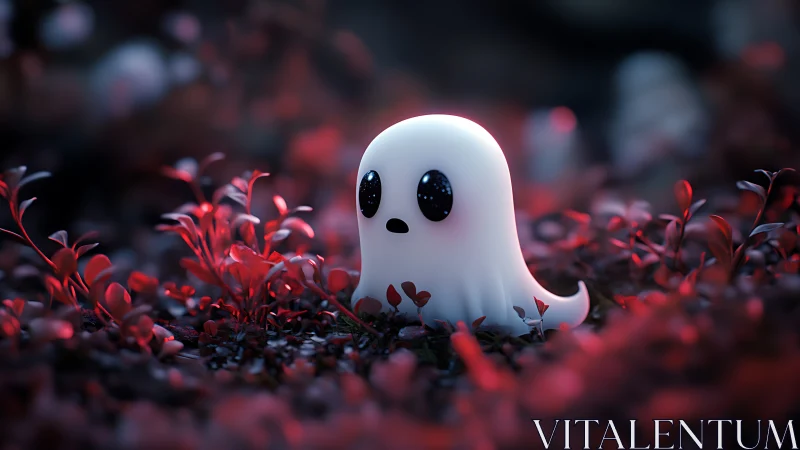 Tiny glowing ghost drifts shyly through a crimson forest