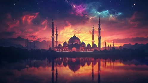 Celestial mosque skyline over sunset lake reflection.