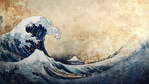 Storm-tossed wave bows toward a distant temple of calm