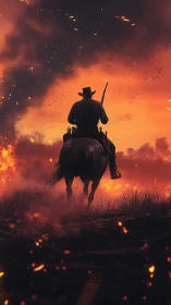 Cowboy on horseback rides through blazing inferno landscape.