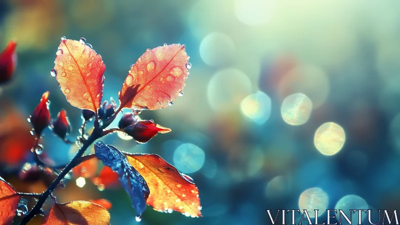 Dewlit autumn leaves against ethereal blue bokeh glow.