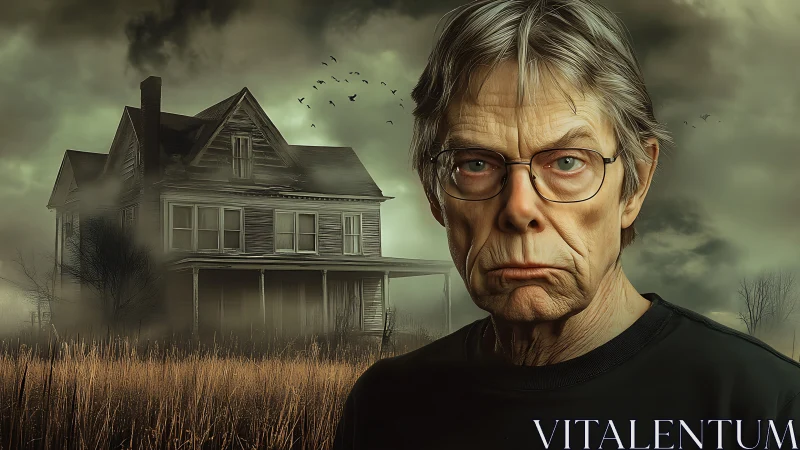 Stormy haunted farmhouse looms behind a thoughtful elder