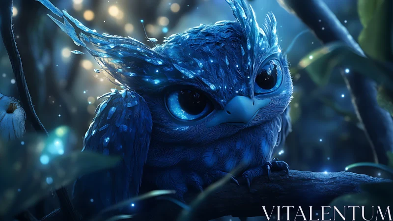 Moonlit sprite owl studies starlight from a glowing branch