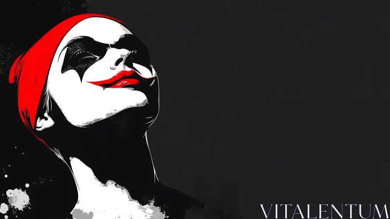 Crimson-mouthed jester queen rising from painted shadows.