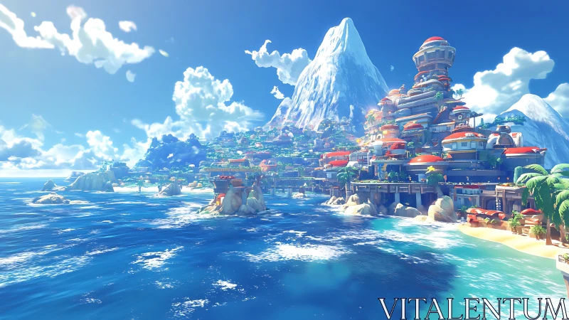 Coastal fantasy city beneath towering snowy mountain.