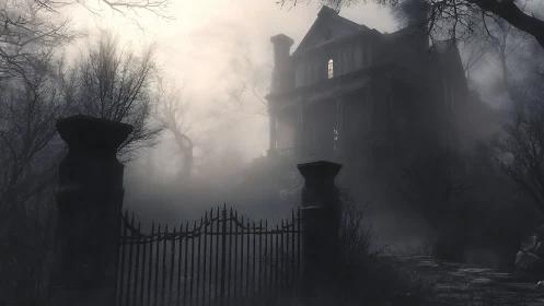 Fog-shrouded hillside mansion behind iron gate at dusk.