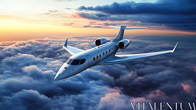 Low-wing twin-jet business aircraft cruising above cloud deck