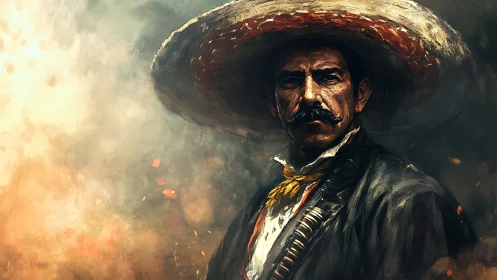 Storm-eyed vaquero in ember-swirled dusk, stoic and unyielding.