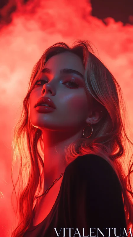 Scarlet-lit portrait of young woman in cinematic haze.