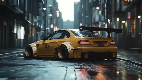 Widebody BMW M3 track build parked low on wet urban street