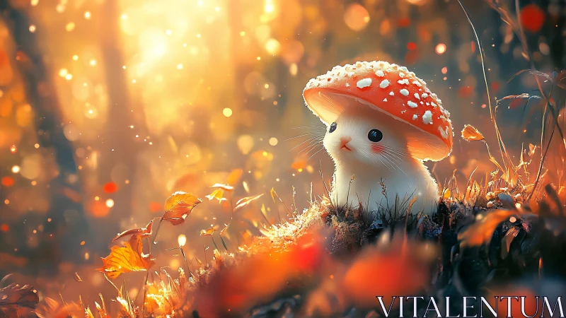Small creature under mushroom cap in warm forest light.
