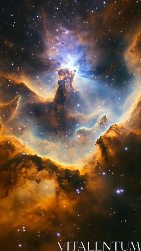 Photorealistic nebula column with luminous ionized gas contours.