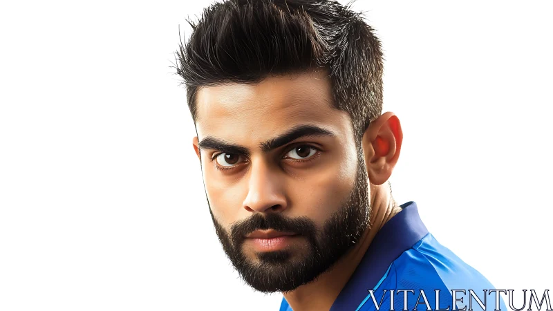 Serious bearded man in blue sports jersey portrait shot.