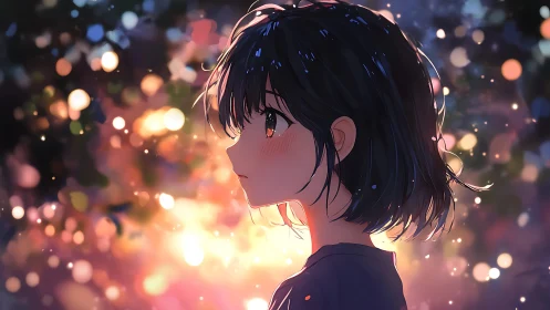 Side-lit anime girl amid glowing bokeh dusk background.