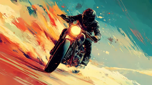 Motorcyclist rides forward through abstract color streaks