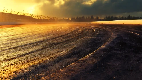 Sunlit racetrack curves glowing softly in golden dusk light.