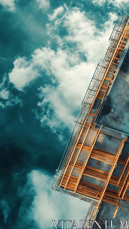 Skyward scaffolding reaches into clouds with bold calm energy