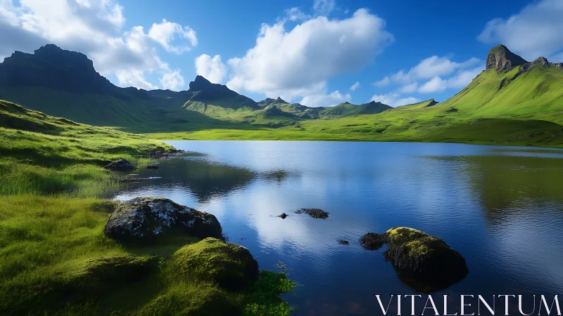 Mountain lake with grassy slopes under clear daylight sky.