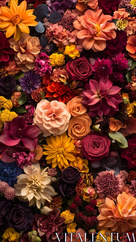 Dense Floral Arrangement With Varied Bloom Types and Warm Color Distribution