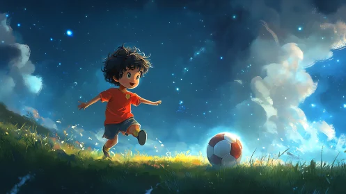 Young soccer dreamer runs under a magical starlit sky.