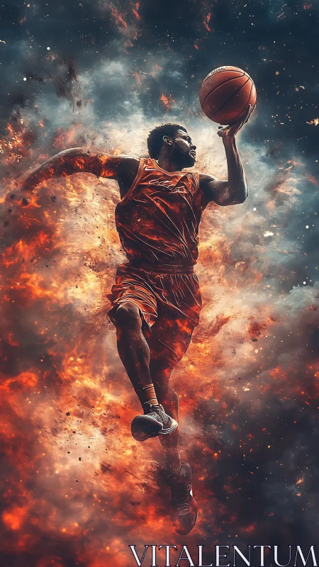 Dynamic basketball dunk rendered in fiery digital painting